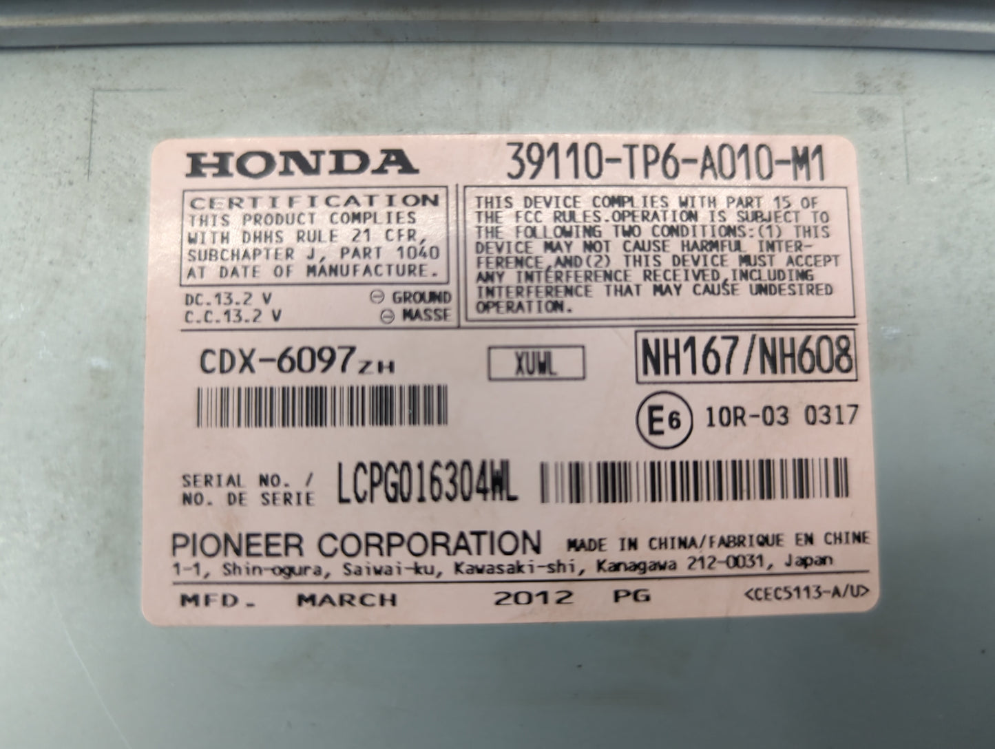 2012 Honda Crosstour Radio AM FM Cd Player Receiver Replacement P/N:39110-TP6-A010-M1 CDX-6097ZH Fits OEM Used Auto Parts - 