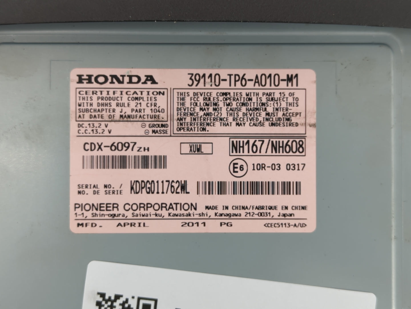 2012 Honda Crosstour Radio AM FM Cd Player Receiver Replacement P/N:39110-TP6-A010-M1 39100-TP6-A212-M1 Fits OEM Used Auto P