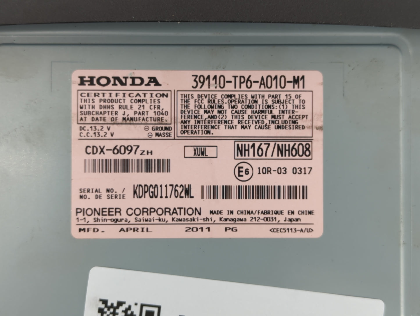 2012 Honda Crosstour Radio AM FM Cd Player Receiver Replacement P/N:39110-TP6-A010-M1 39100-TP6-A212-M1 Fits OEM Used Auto P