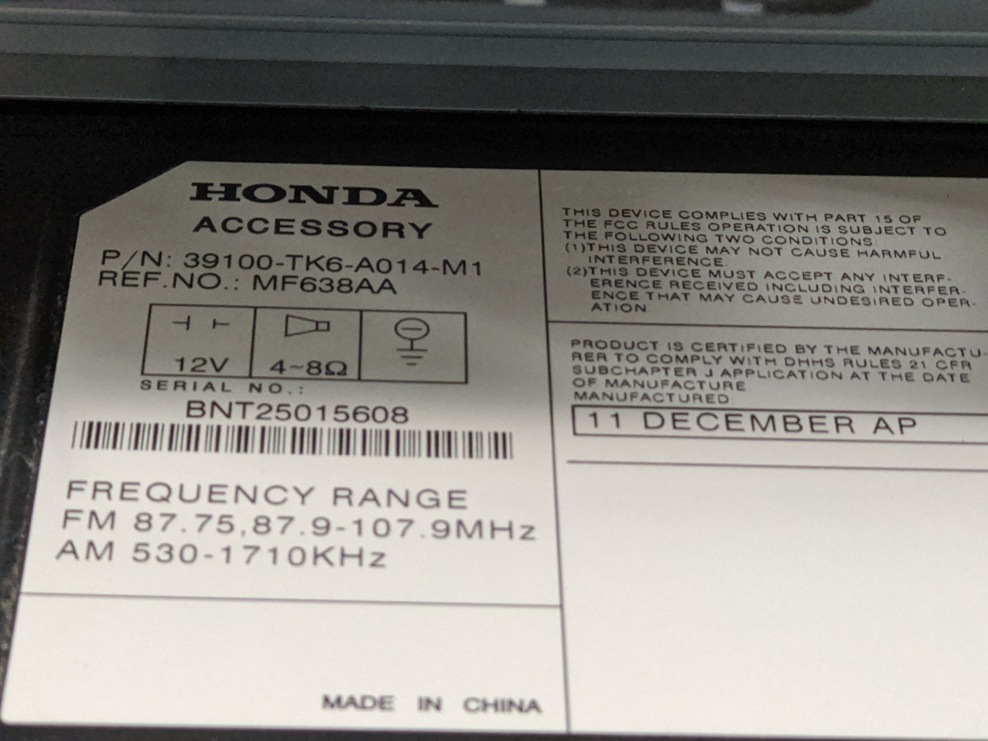 2009-2013 Honda Fit Radio AM FM Cd Player Receiver Replacement P/N:39100-TK6-A014-M1 Fits Fits 2009 2010 2011 2012 2013 OEM 