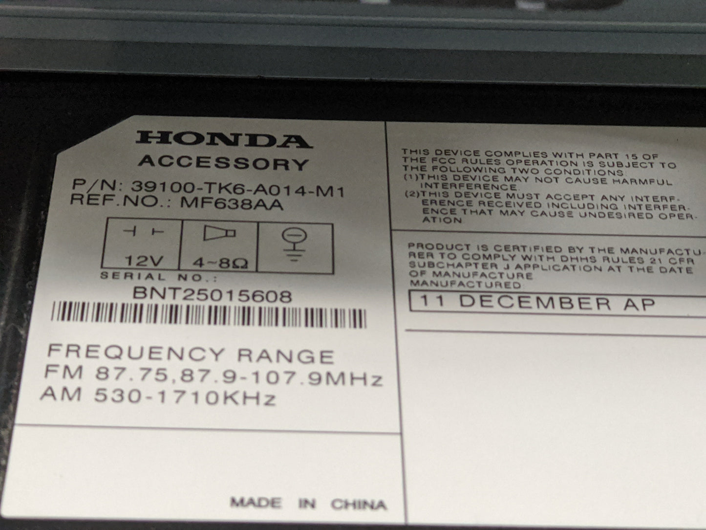 2009-2013 Honda Fit Radio AM FM Cd Player Receiver Replacement P/N:39100-TK6-A014-M1 Fits Fits 2009 2010 2011 2012 2013 OEM 