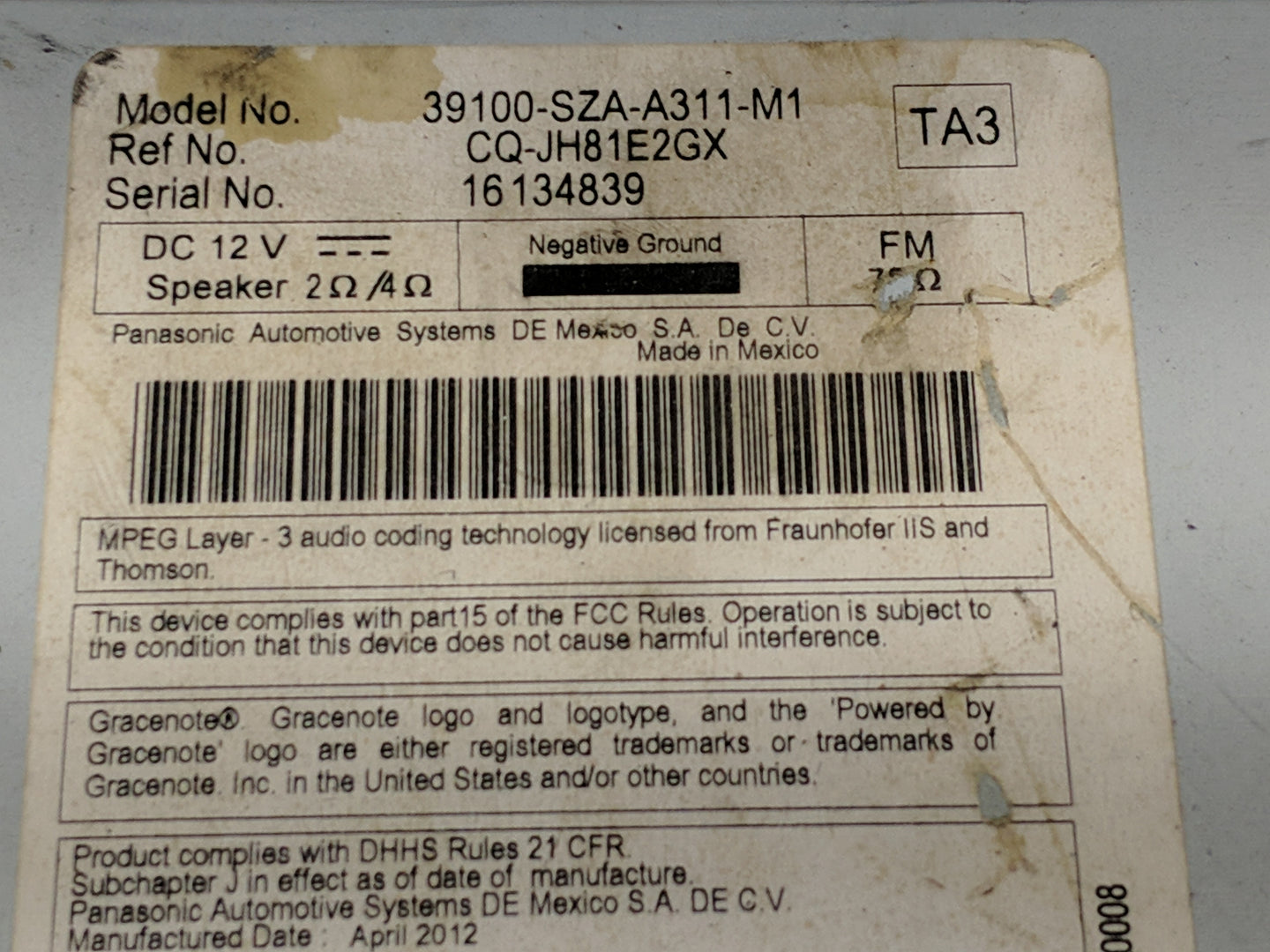 2012-2015 Honda Pilot Radio AM FM Cd Player Receiver Replacement P/N:39100-SZA-A311-M1 Fits Fits 2012 2013 2014 2015 OEM Use