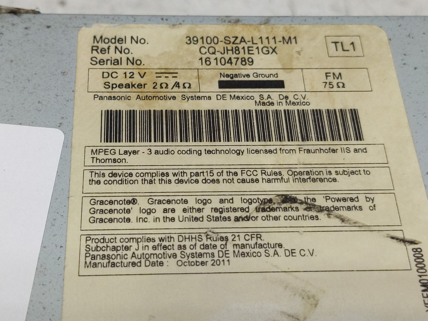 2012 Honda Pilot Radio AM FM Cd Player Receiver Replacement P/N:39100-SZA-L111-M1 Fits OEM Used Auto Parts - Oemusedautopart