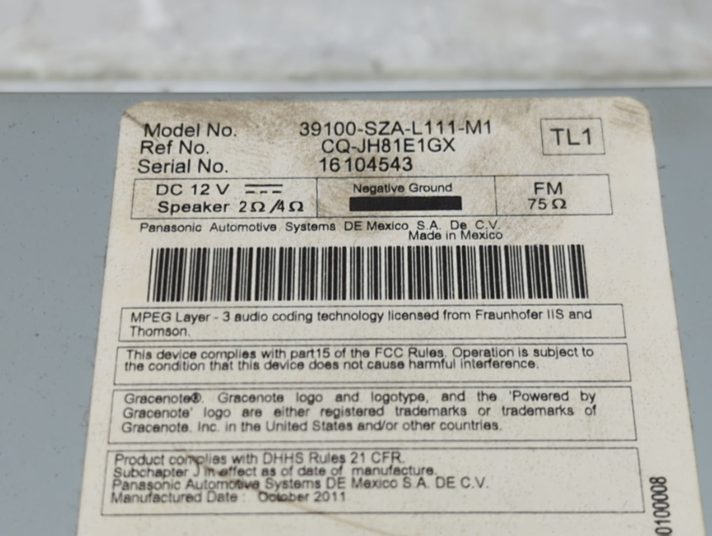 2012 Honda Pilot Radio AM FM Cd Player Receiver Replacement P/N:39100-SZA-L111-M1 CQ-JH81E1GX Fits OEM Used Auto Parts - Oem