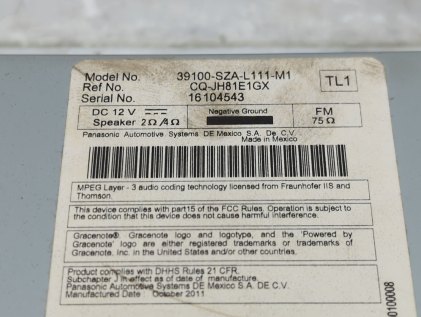 2012 Honda Pilot Radio AM FM Cd Player Receiver Replacement P/N:39100-SZA-L111-M1 CQ-JH81E1GX Fits OEM Used Auto Parts - Oem