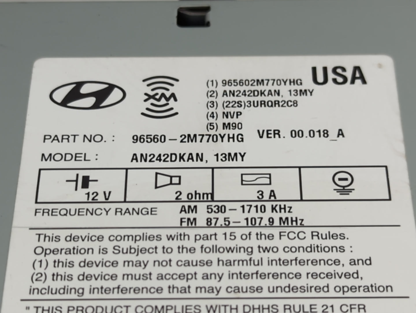 2012 Hyundai Genesis Radio AM FM Cd Player Receiver Replacement P/N:96560-2M770YHG Fits OEM Used Auto Parts - Oemusedautopar