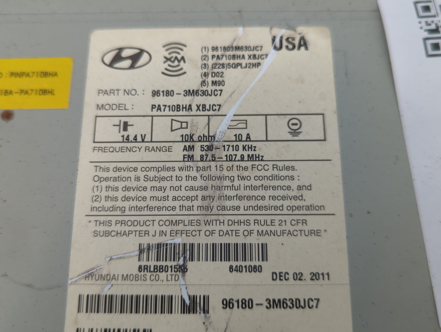 2011-2012 Hyundai Genesis Radio AM FM Cd Player Receiver Replacement P/N:96180-3M630JC7 Fits Fits 2011 2012 OEM Used Auto Pa