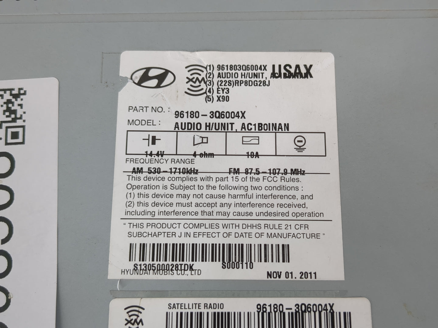2012-2015 Hyundai Sonata Radio AM FM Cd Player Receiver Replacement P/N:96180-3Q6004X Fits Fits 2012 2013 2014 2015 OEM Used