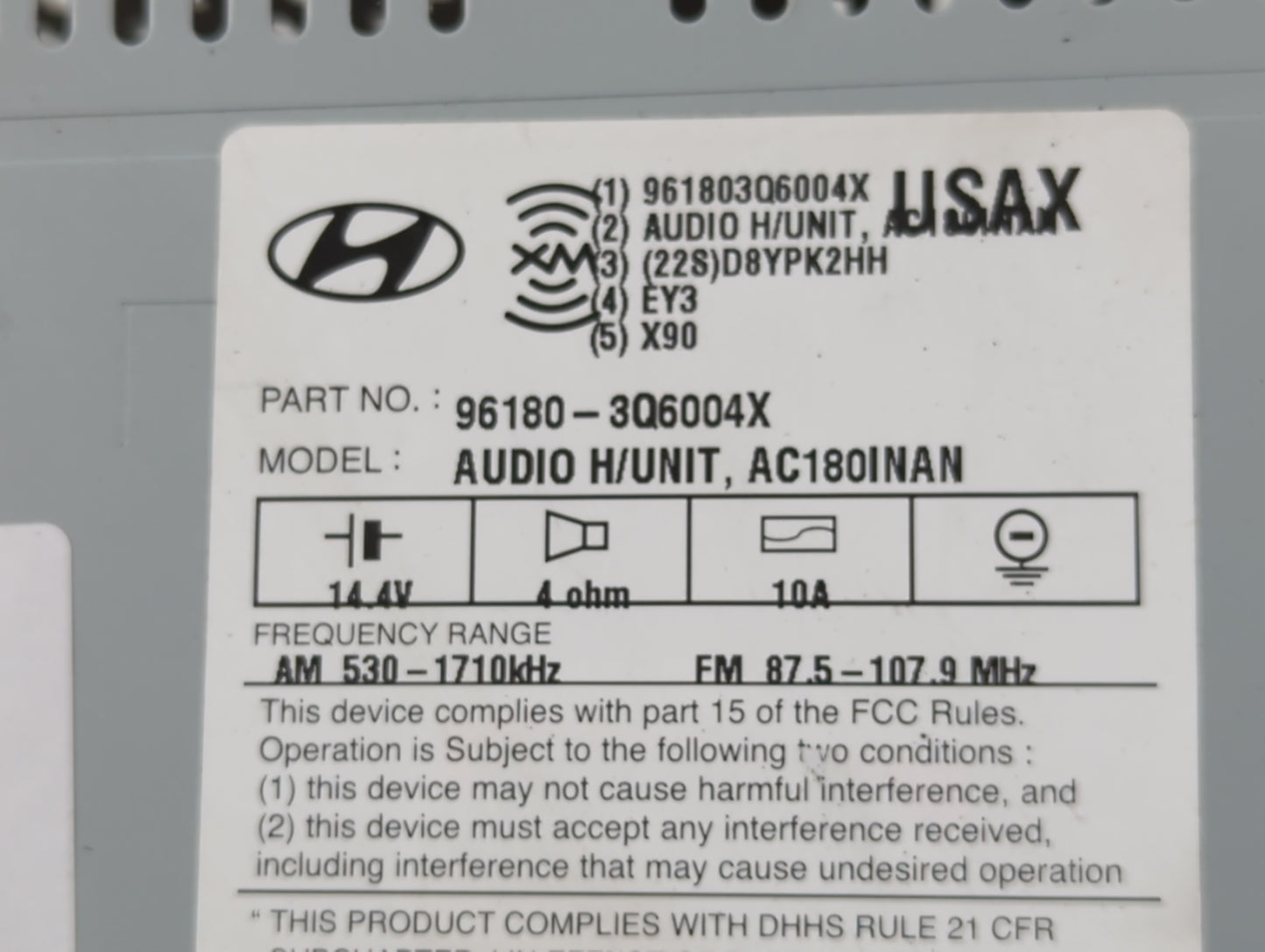 2012-2015 Hyundai Sonata Radio AM FM Cd Player Receiver Replacement P/N:96180-3Q6004X Fits Fits 2012 2013 2014 2015 OEM Used
