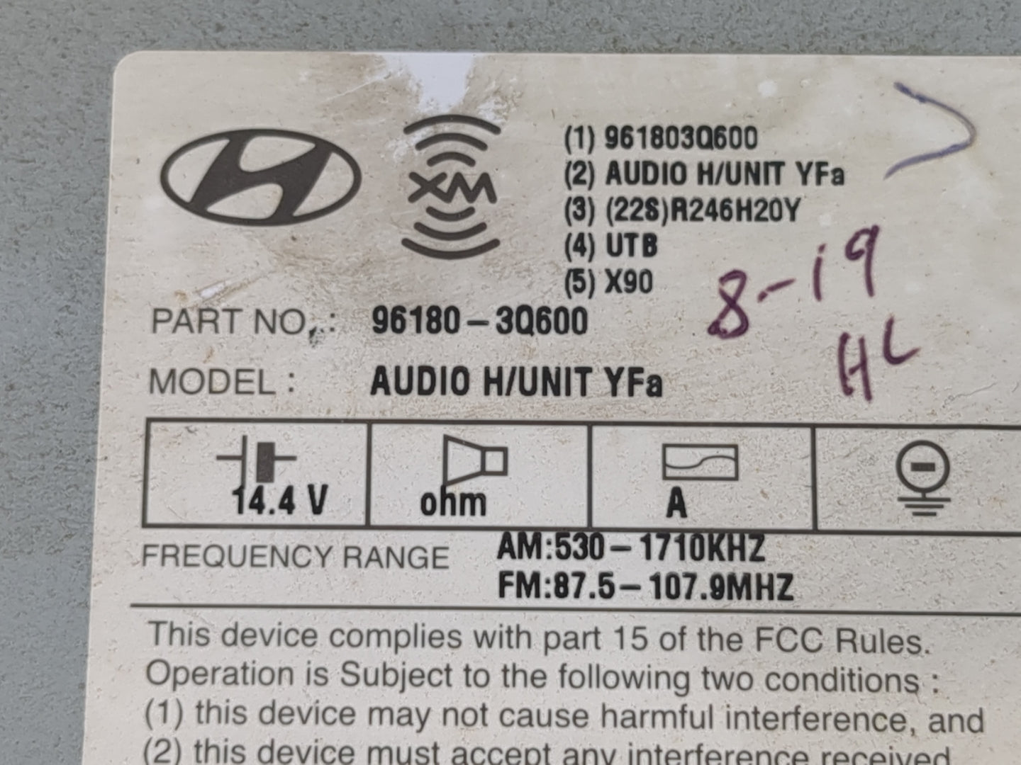 2012-2015 Hyundai Sonata Radio AM FM Cd Player Receiver Replacement P/N:96180-3Q600 Fits Fits 2012 2013 2014 2015 OEM Used A