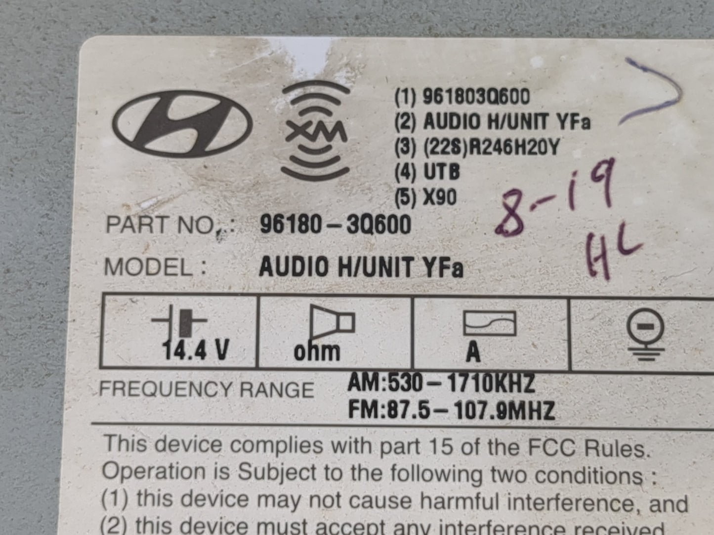 2012-2015 Hyundai Sonata Radio AM FM Cd Player Receiver Replacement P/N:96180-3Q600 Fits Fits 2012 2013 2014 2015 OEM Used A