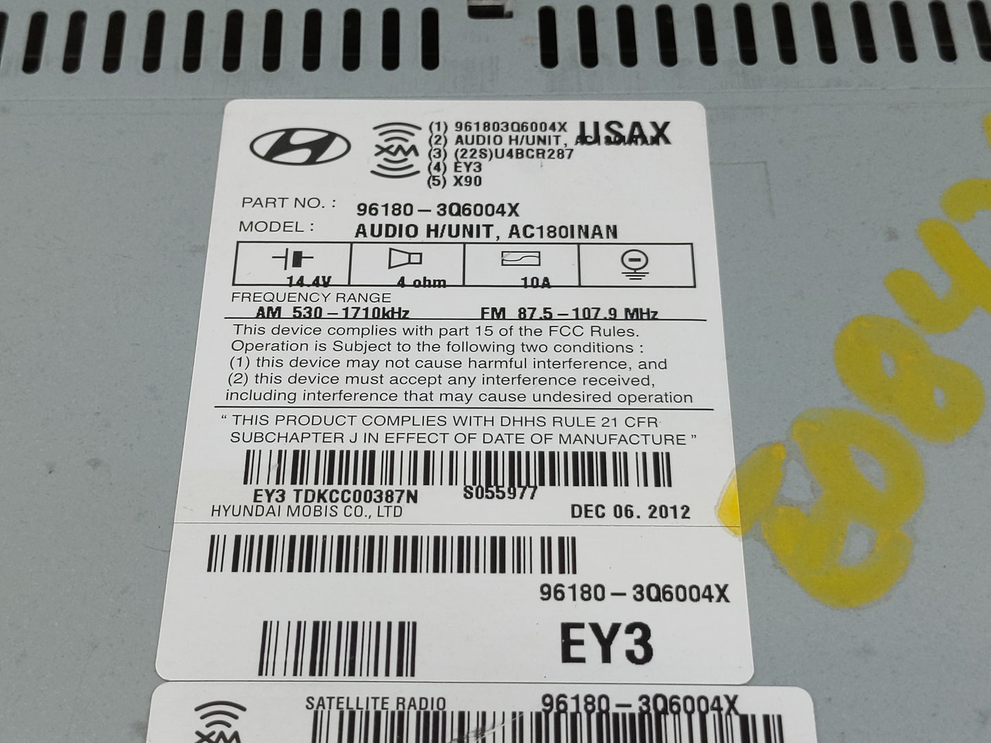 2012-2015 Hyundai Sonata Radio AM FM Cd Player Receiver Replacement P/N:96180-3Q6004X Fits Fits 2012 2013 2014 2015 OEM Used