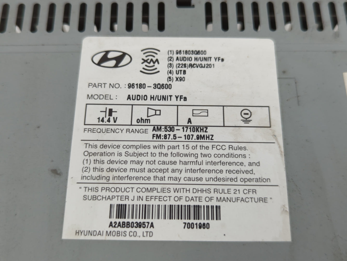 2012-2015 Hyundai Sonata Radio AM FM Cd Player Receiver Replacement P/N:96180-3Q600 Fits Fits 2012 2013 2014 2015 OEM Used A