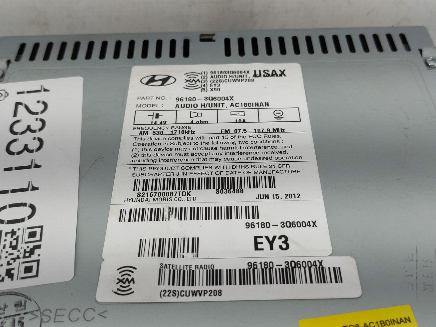 2012-2015 Hyundai Sonata Radio AM FM Cd Player Receiver Replacement P/N:96180-3Q6004X Fits Fits 2012 2013 2014 2015 OEM Used