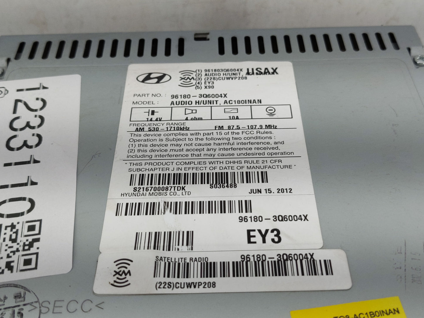 2012-2015 Hyundai Sonata Radio AM FM Cd Player Receiver Replacement P/N:96180-3Q6004X Fits Fits 2012 2013 2014 2015 OEM Used