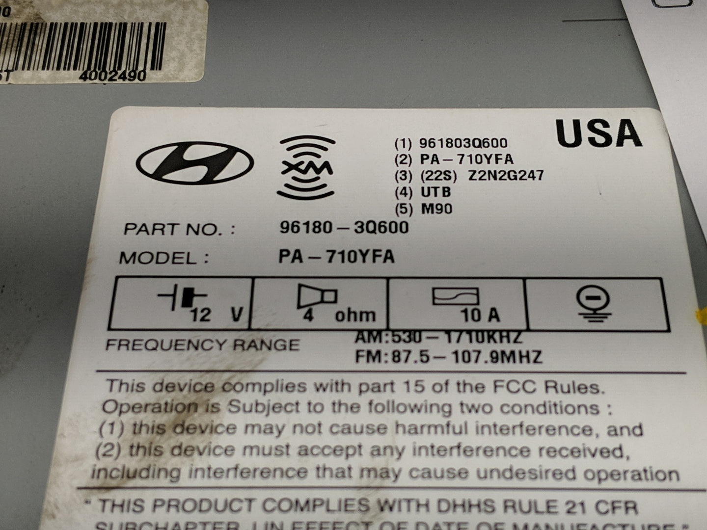 2012-2015 Hyundai Sonata Radio AM FM Cd Player Receiver Replacement P/N:96180-3Q600 Fits Fits 2012 2013 2014 2015 OEM Used A