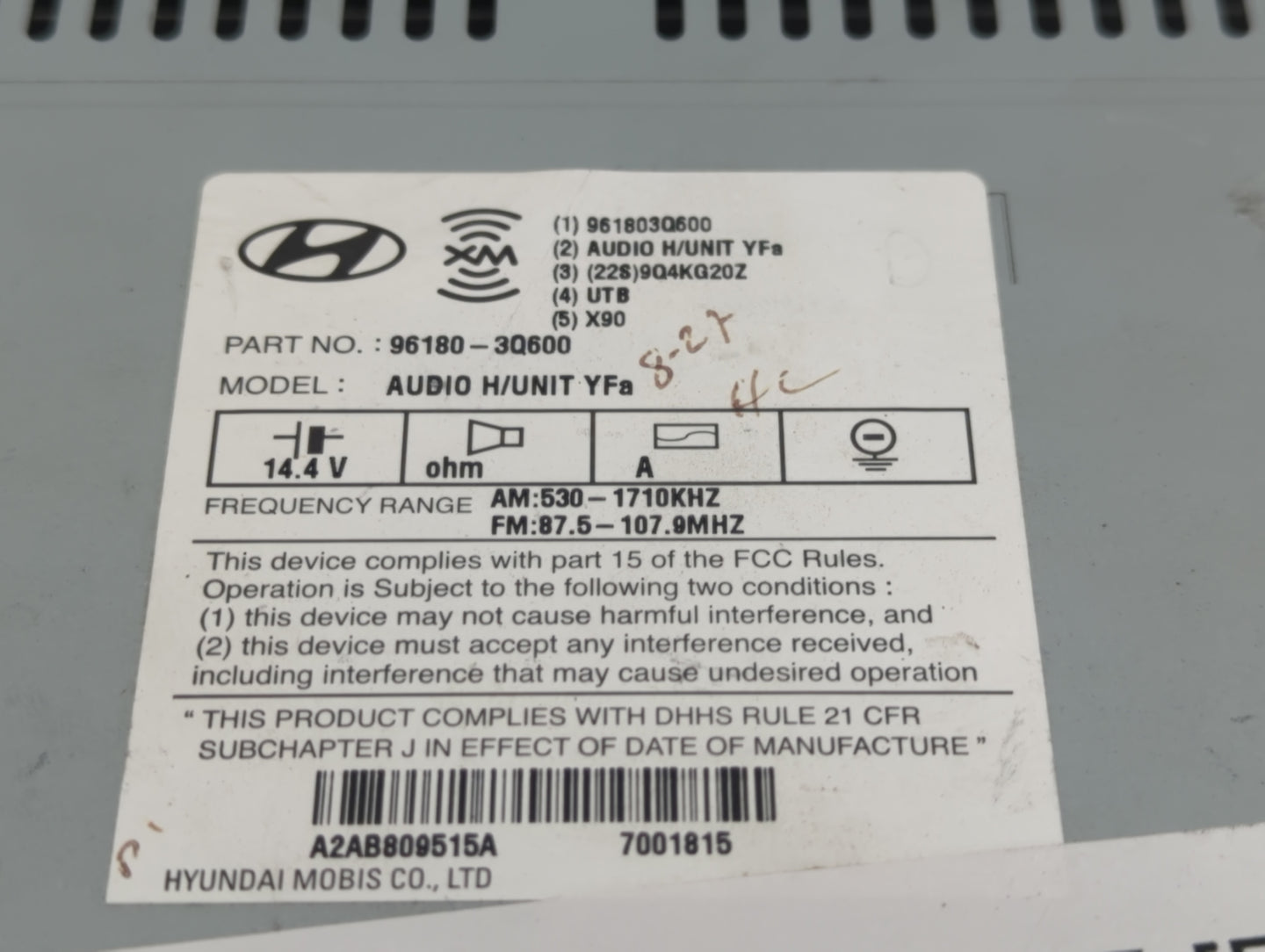 2012-2015 Hyundai Sonata Radio AM FM Cd Player Receiver Replacement P/N:96180-3Q600 Fits Fits 2012 2013 2014 2015 OEM Used A