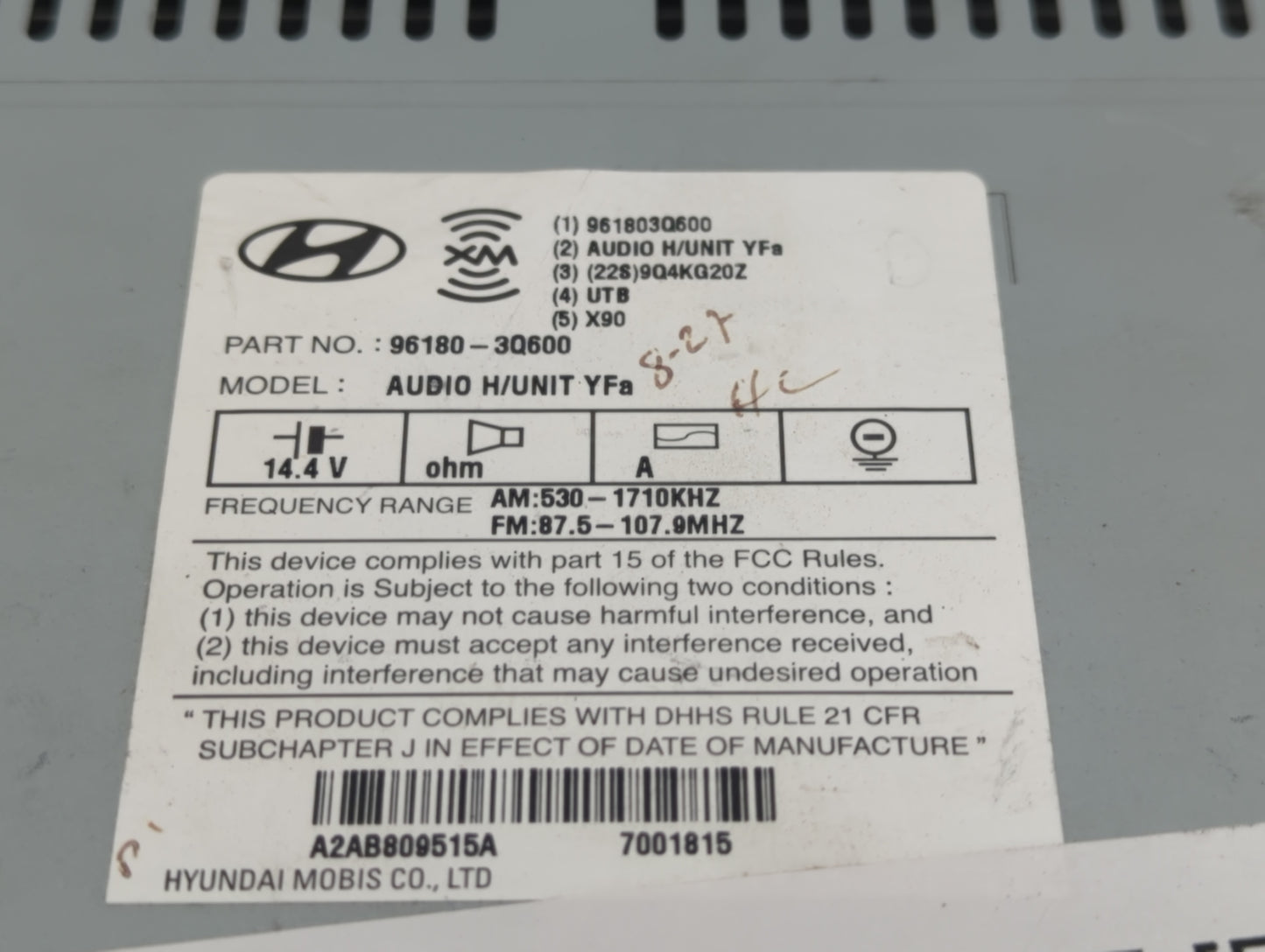 2012-2015 Hyundai Sonata Radio AM FM Cd Player Receiver Replacement P/N:96180-3Q600 Fits Fits 2012 2013 2014 2015 OEM Used A