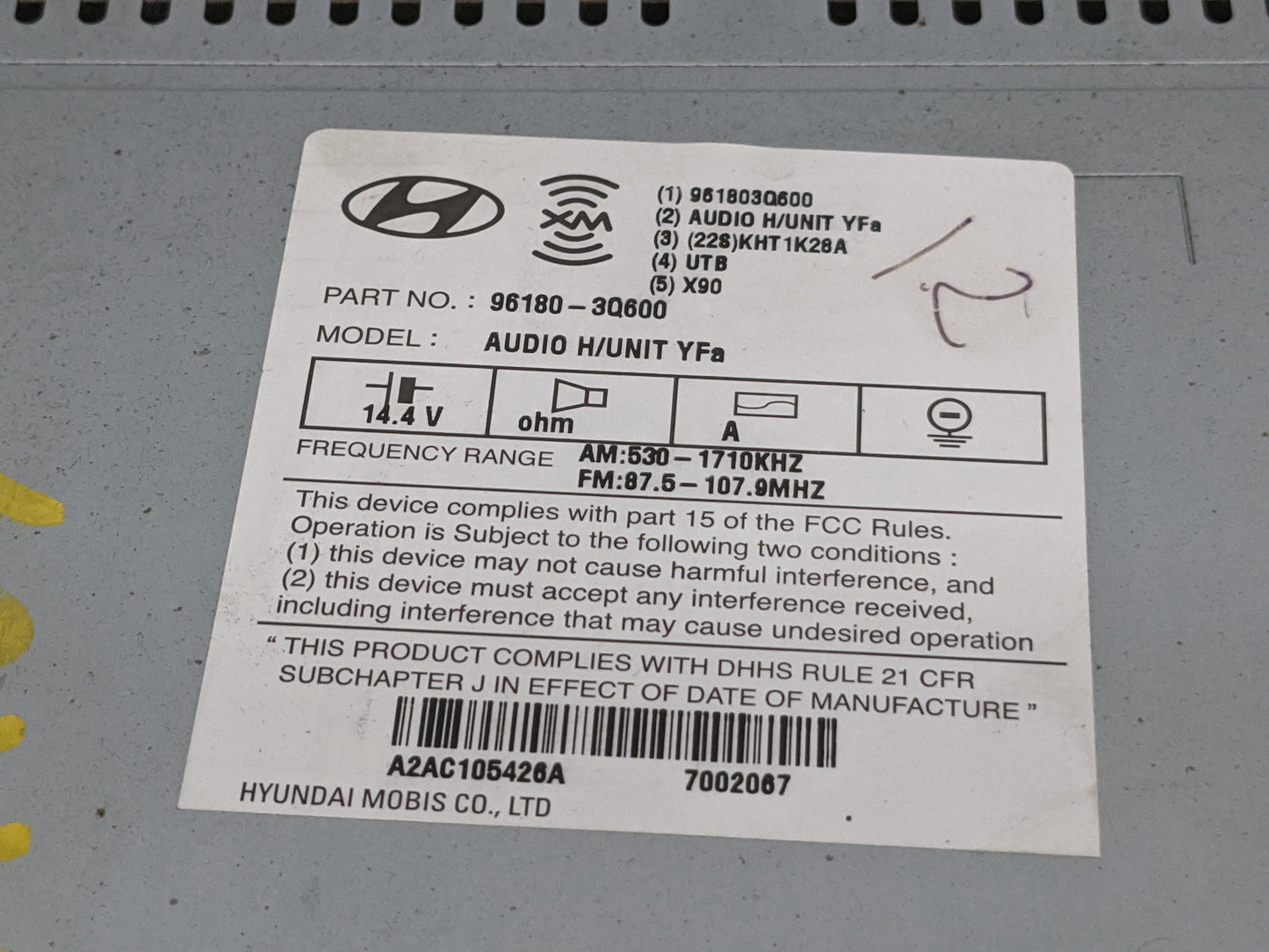 2012-2015 Hyundai Sonata Radio AM FM Cd Player Receiver Replacement P/N:96180-3Q600 Fits Fits 2012 2013 2014 2015 OEM Used A