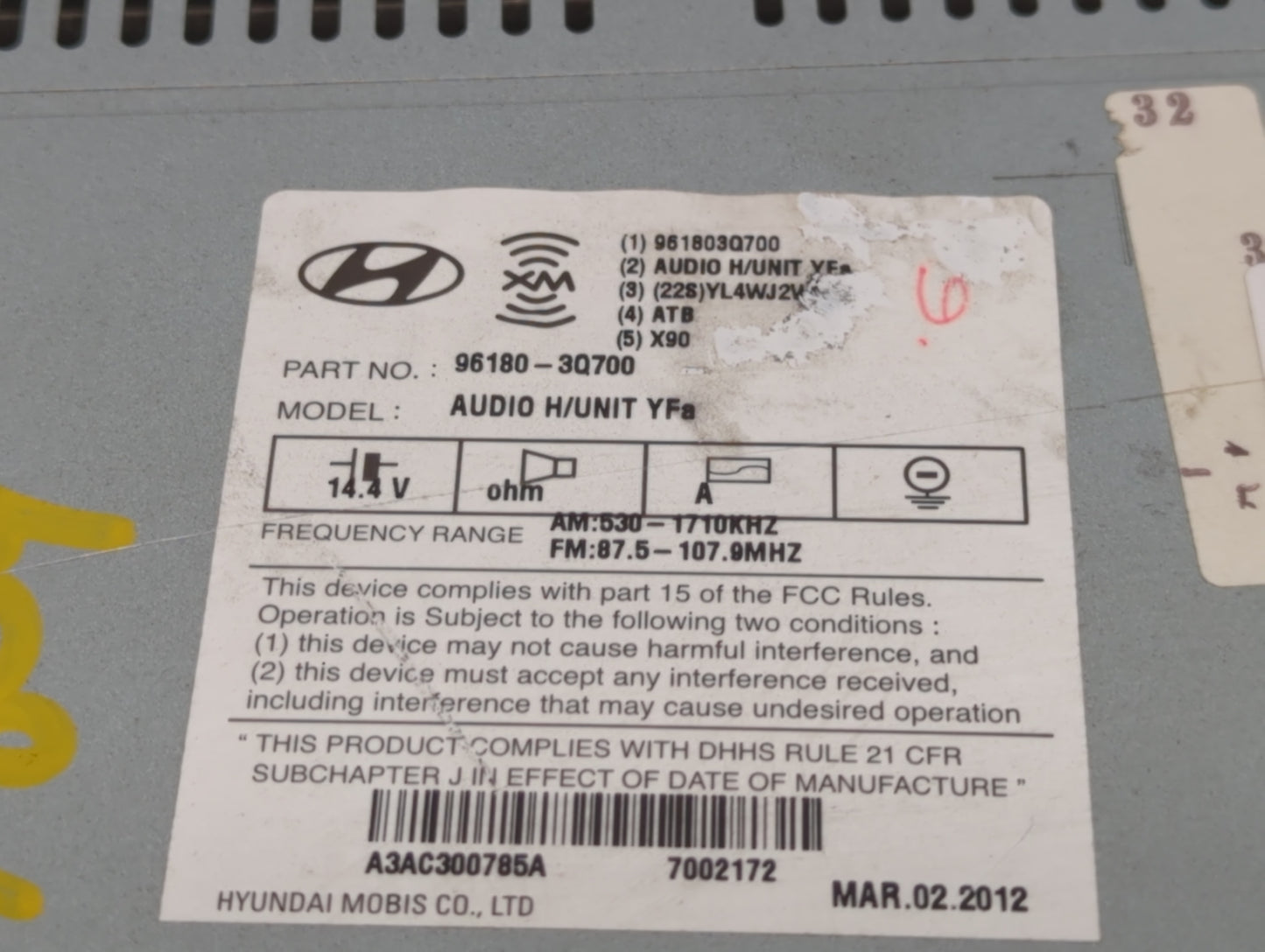2012-2014 Hyundai Sonata Radio AM FM Cd Player Receiver Replacement P/N:96180-3Q700 Fits Fits 2012 2013 2014 OEM Used Auto P