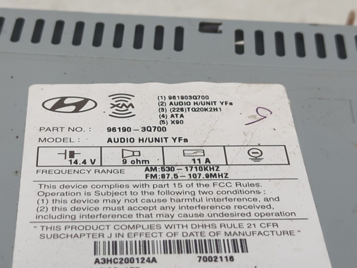 2012-2014 Hyundai Sonata Radio AM FM Cd Player Receiver Replacement P/N:96190-3Q700 Fits Fits 2012 2013 2014 OEM Used Auto P