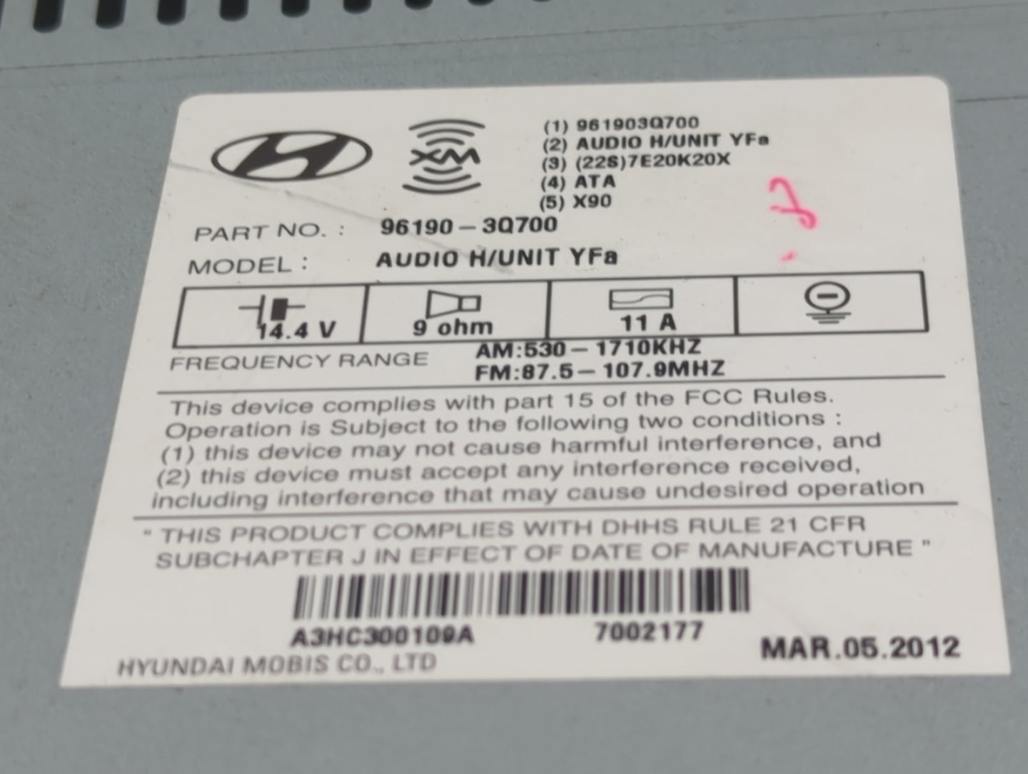 2012-2015 Hyundai Sonata Radio AM FM Cd Player Receiver Replacement P/N:961903Q700 96190-3Q700 Fits Fits 2012 2013 2014 2015