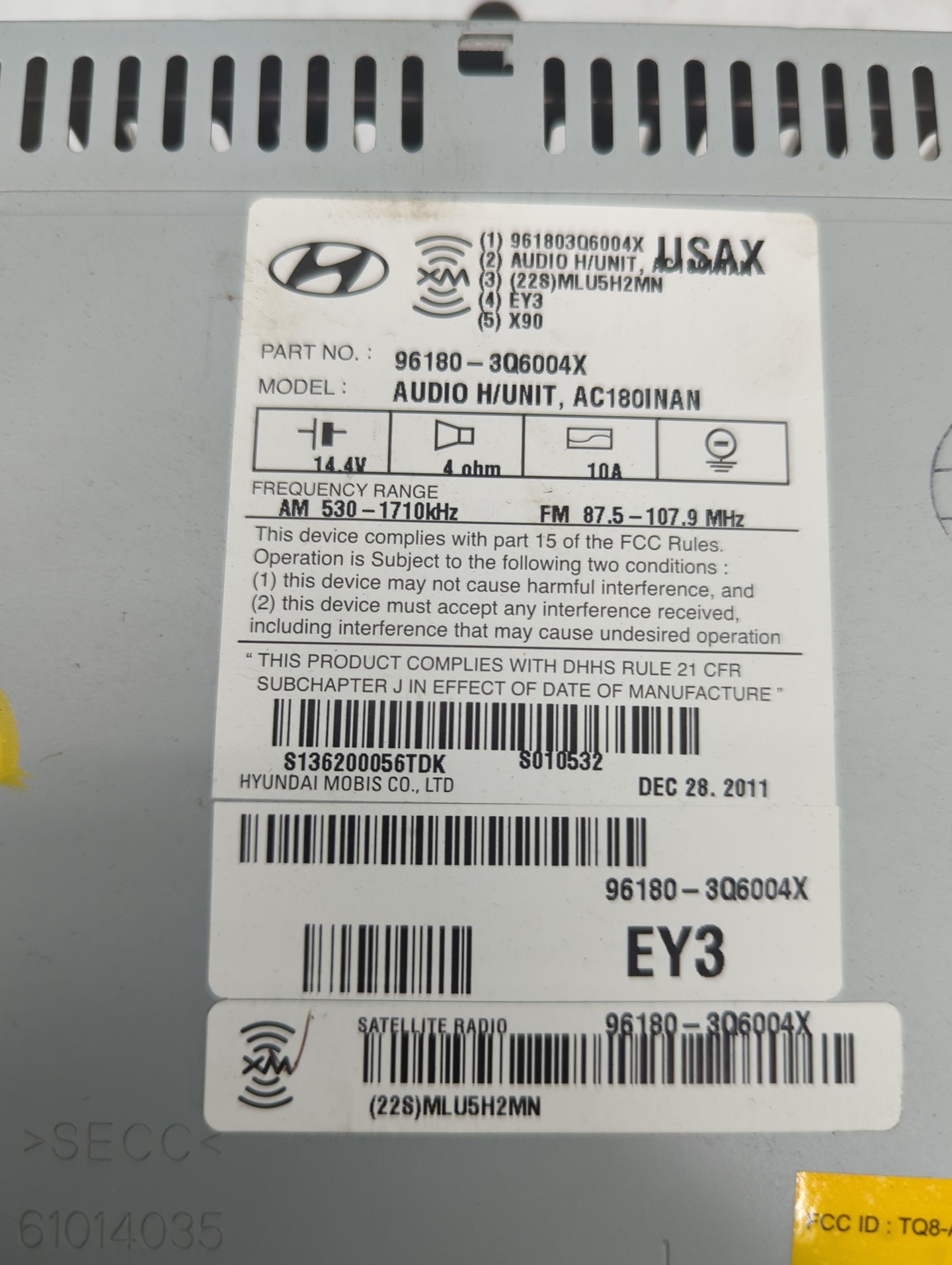 2012-2015 Hyundai Sonata Radio AM FM Cd Player Receiver Replacement P/N:96180-3Q6004X TQ8-AC180INAN Fits Fits 2012 2013 2014