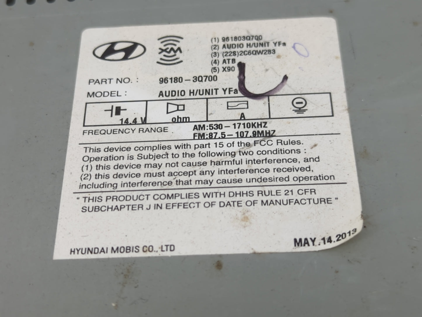 2012 Hyundai Sonata Radio AM FM Cd Player Receiver Replacement P/N:96180-3Q700 961803Q700 Fits OEM Used Auto Parts - Oemused