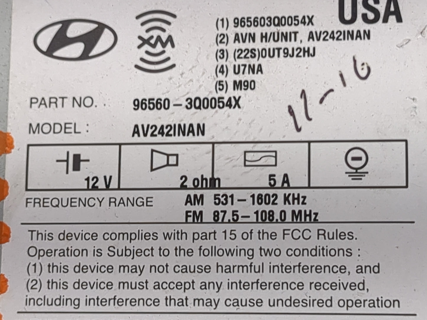 2012 Hyundai Sonata Radio AM FM Cd Player Receiver Replacement P/N:96560-3Q0054X AV242INAN, 965603Q0054X Fits OEM Used Auto 