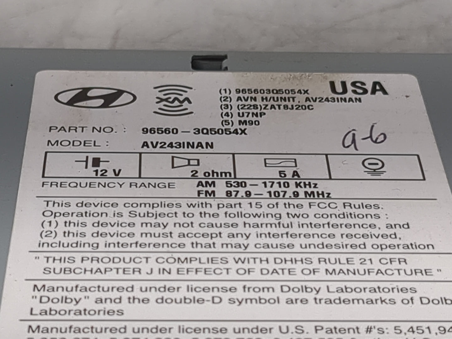 2013 Hyundai Sonata Radio AM FM Cd Player Receiver Replacement P/N:96560-3Q5054X 96560-3Q5054X, AV243INAN Fits OEM Used Auto