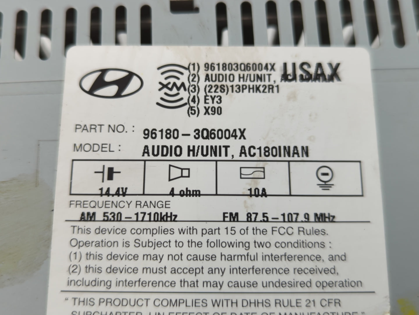 2012-2015 Hyundai Sonata Radio AM FM Cd Player Receiver Replacement P/N:96180-3Q6004X Fits Fits 2012 2013 2014 2015 OEM Used