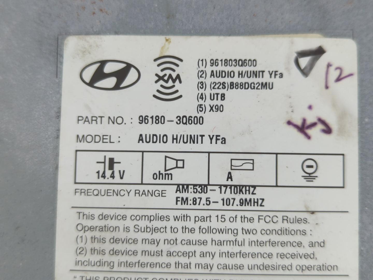 2012-2015 Hyundai Sonata Radio AM FM Cd Player Receiver Replacement P/N:96180-3Q600 Fits Fits 2012 2013 2014 2015 OEM Used A