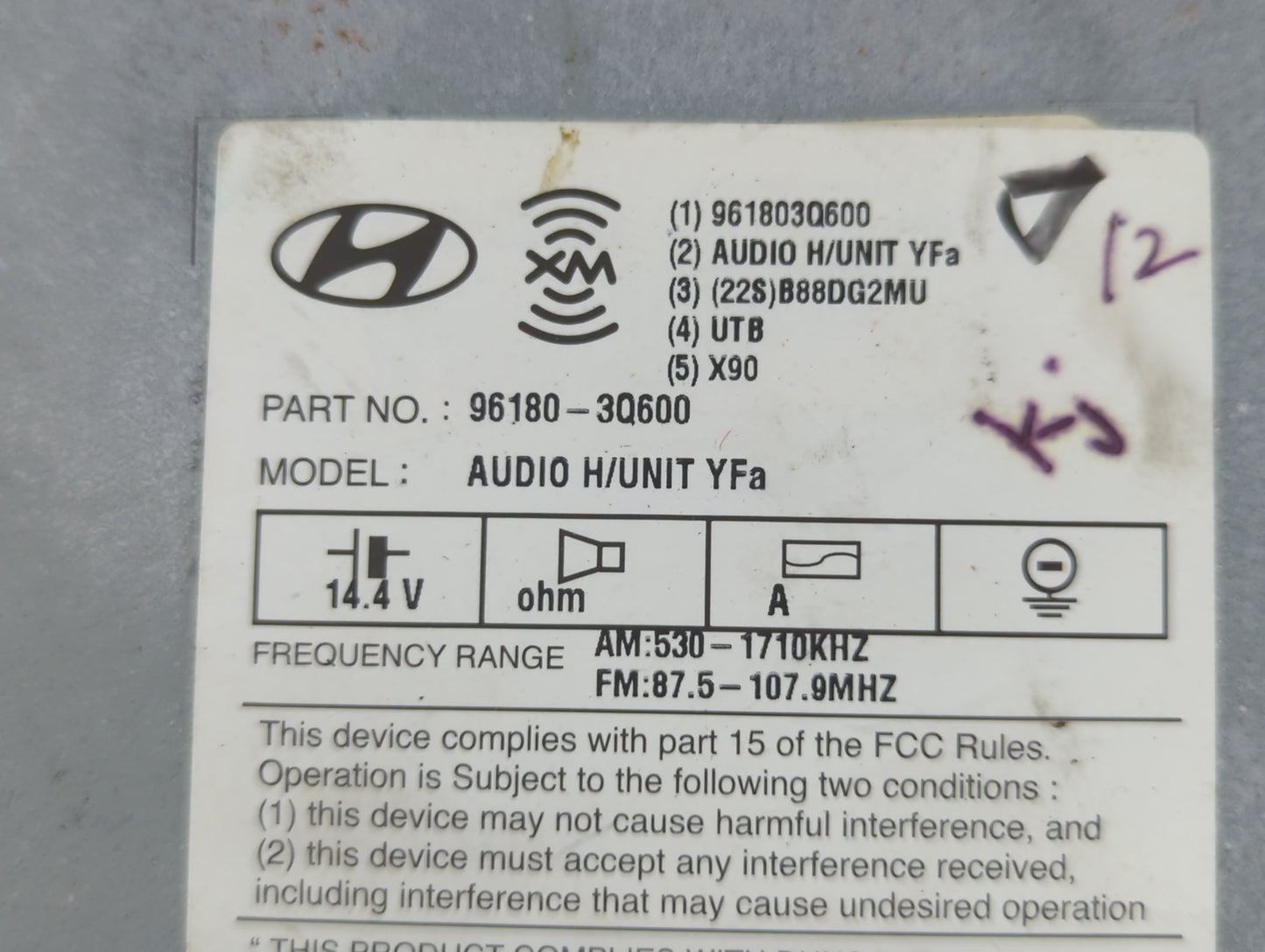 2012-2015 Hyundai Sonata Radio AM FM Cd Player Receiver Replacement P/N:96180-3Q600 Fits Fits 2012 2013 2014 2015 OEM Used A