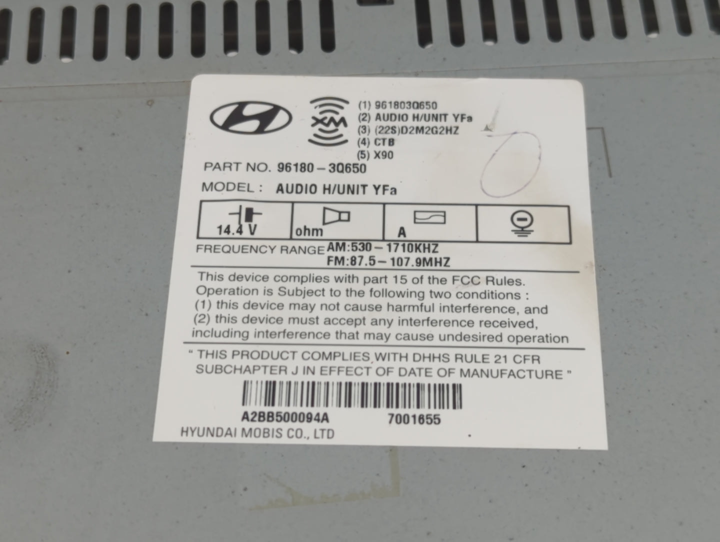 2012-2015 Hyundai Sonata Radio AM FM Cd Player Receiver Replacement P/N:96180-3Q650 Fits Fits 2012 2013 2014 2015 OEM Used A