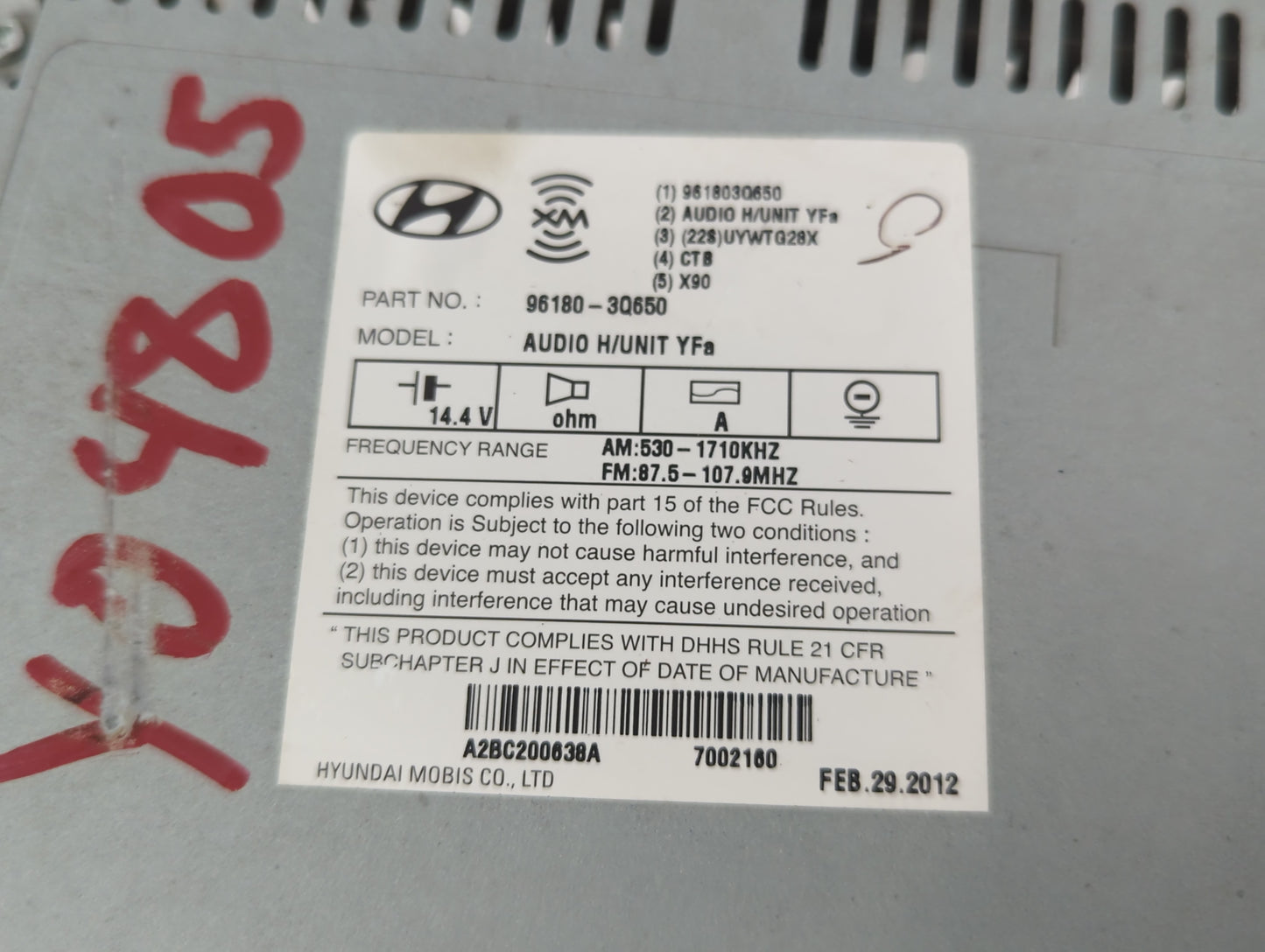 2012-2015 Hyundai Sonata Radio AM FM Cd Player Receiver Replacement P/N:96180-3Q650 Fits Fits 2012 2013 2014 2015 OEM Used A