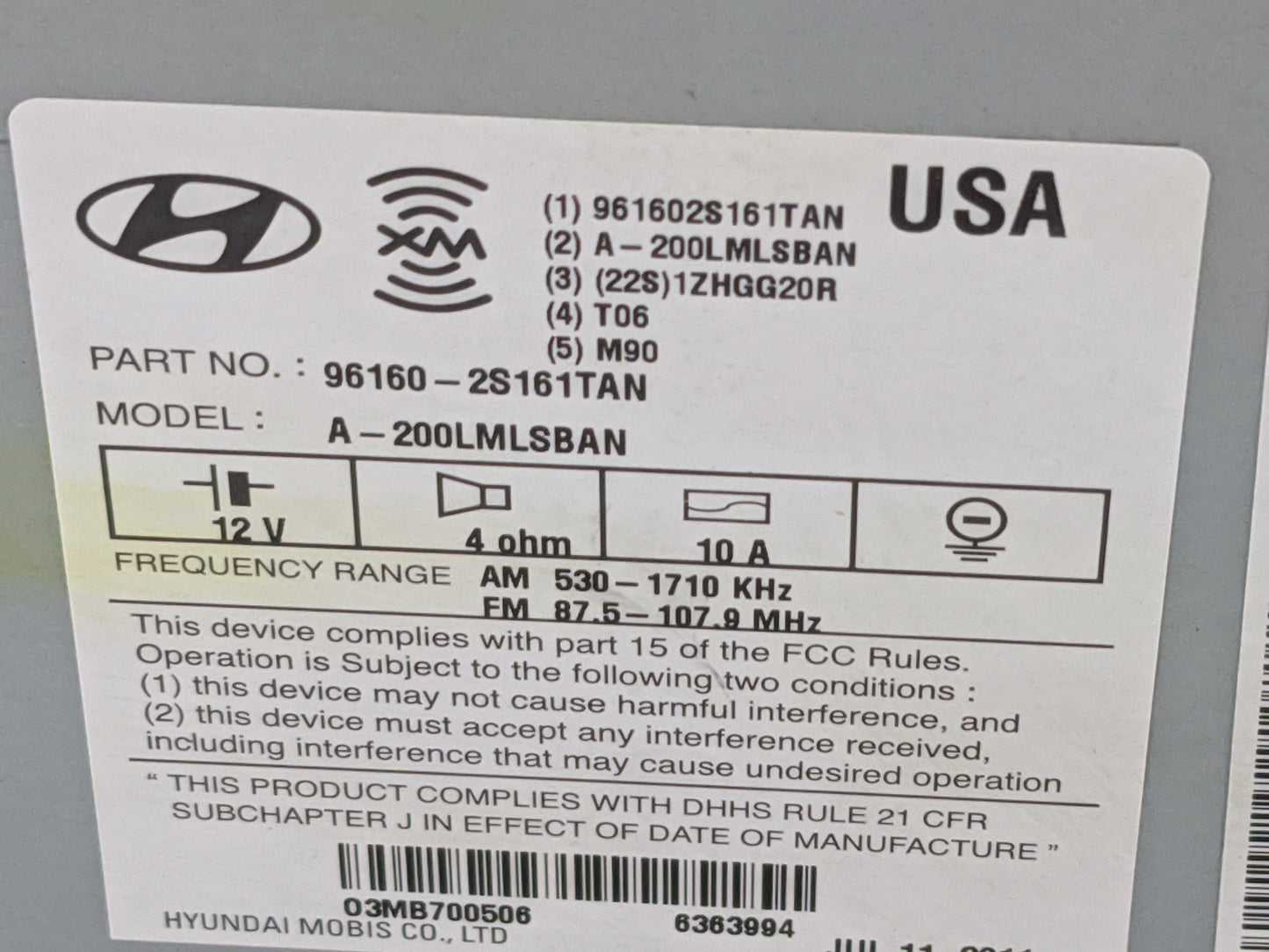2010-2013 Hyundai Tucson Radio AM FM Cd Player Receiver Replacement P/N:961602S161TAN A-200LMLSBAN Fits Fits 2010 2011 2012 