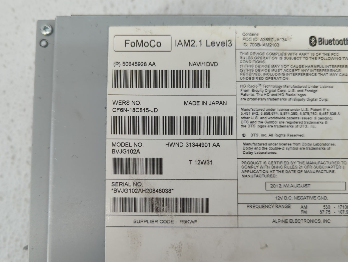 2012-2013 Jaguar Xf Radio AM FM Cd Player Receiver Replacement P/N:50645928AA CF6N-18C815-JA Fits Fits 2012 2013 OEM Used Au