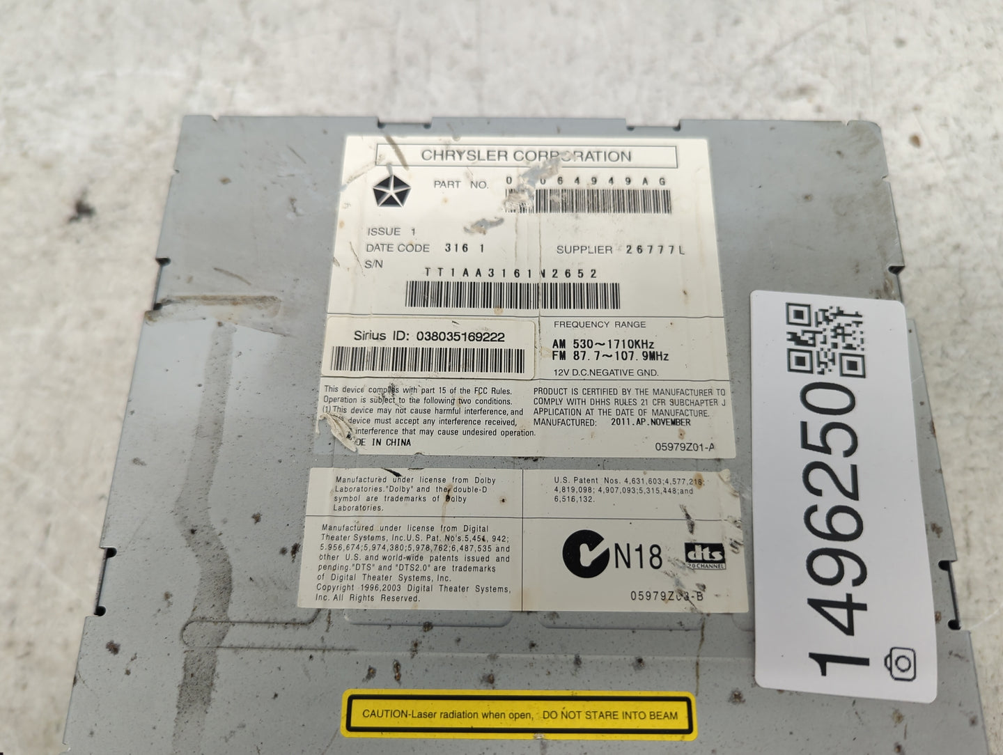 2012 Jeep Compass Radio AM FM Cd Player Receiver Replacement P/N:05064949AG TT1AA3161N2652 Fits OEM Used Auto Parts - Oemuse