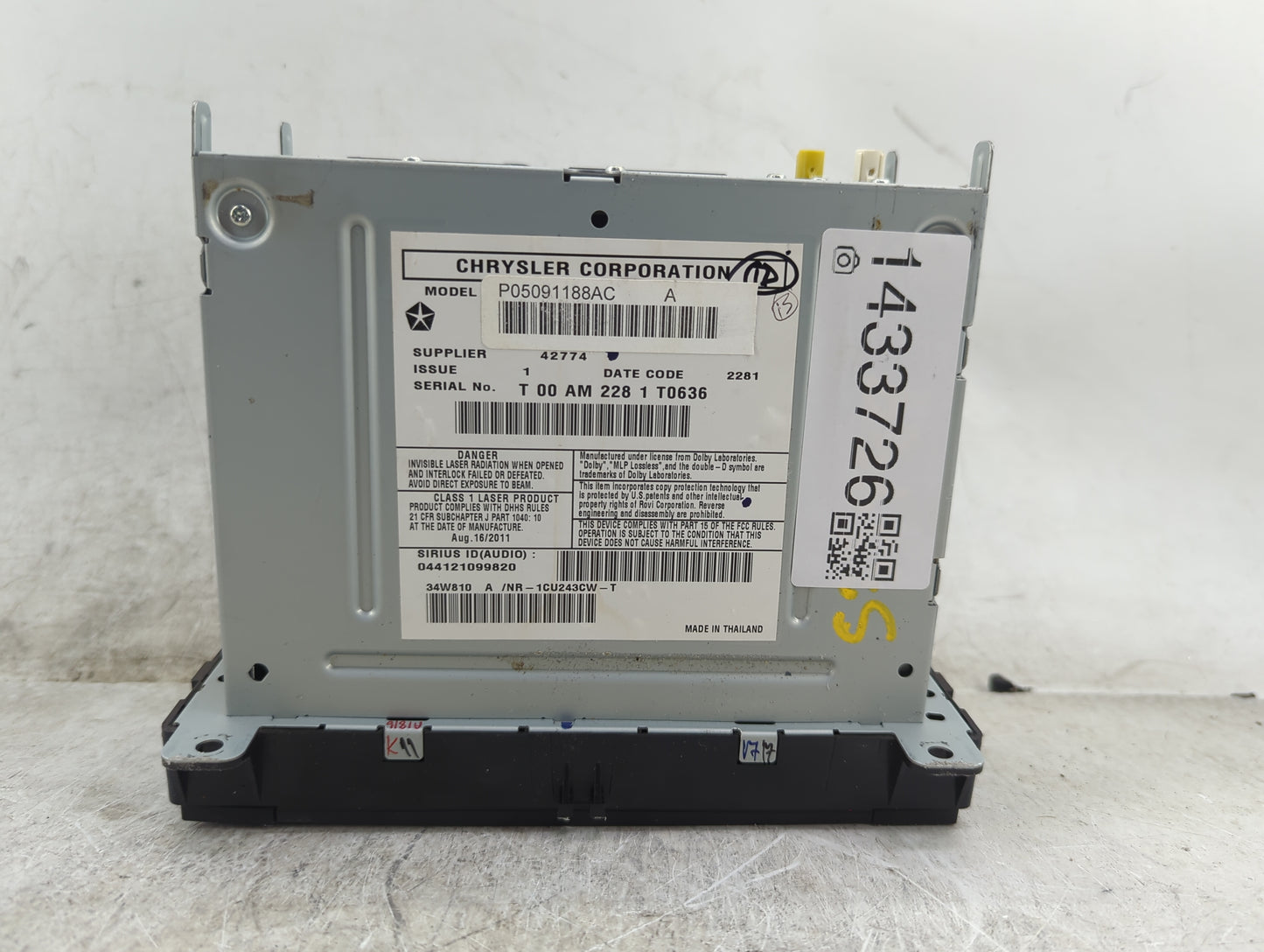 2012 Jeep Grand Cherokee Radio AM FM Cd Player Receiver Replacement P/N:P05091188AC Fits OEM Used Auto Parts - Oemusedautopa