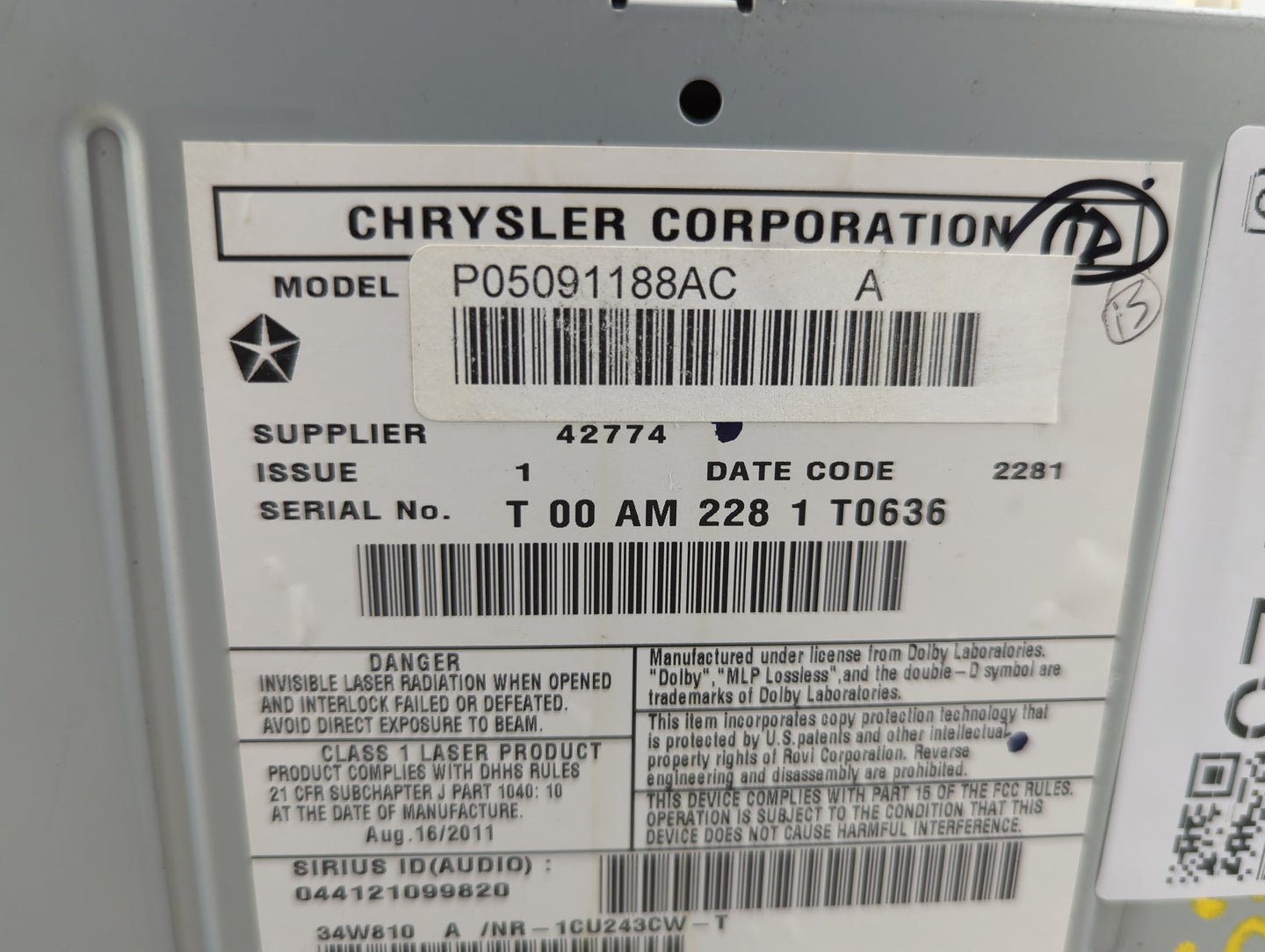 2012 Jeep Grand Cherokee Radio AM FM Cd Player Receiver Replacement P/N:P05091188AC Fits OEM Used Auto Parts - Oemusedautopa