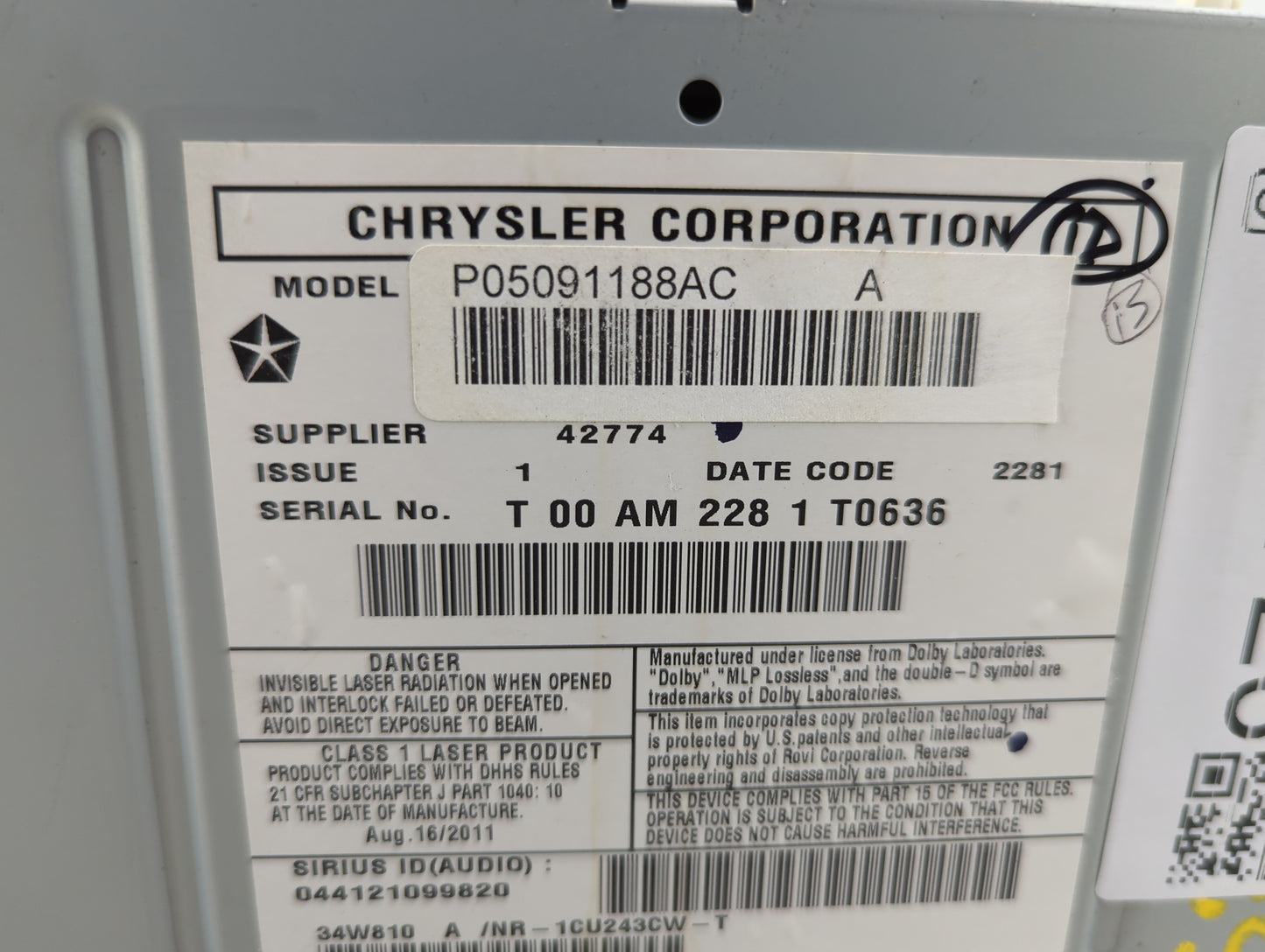 2012 Jeep Grand Cherokee Radio AM FM Cd Player Receiver Replacement P/N:P05091188AC Fits OEM Used Auto Parts - Oemusedautopa