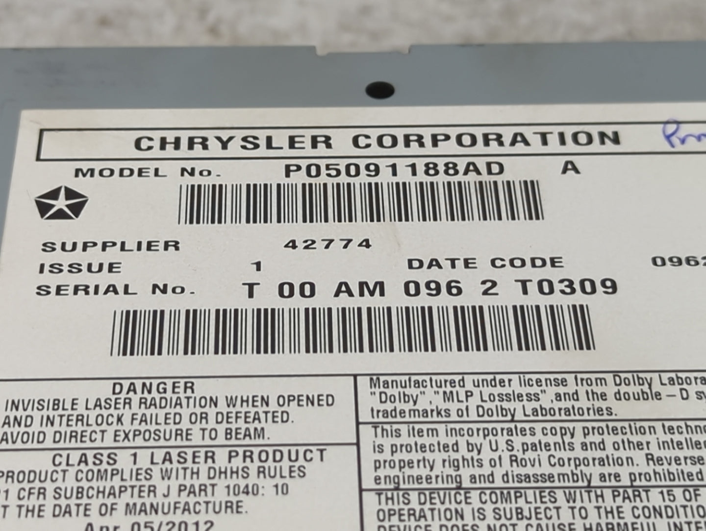 2012 Jeep Grand Cherokee Radio AM FM Cd Player Receiver Replacement P/N:P05091188AD Fits OEM Used Auto Parts - Oemusedautopa