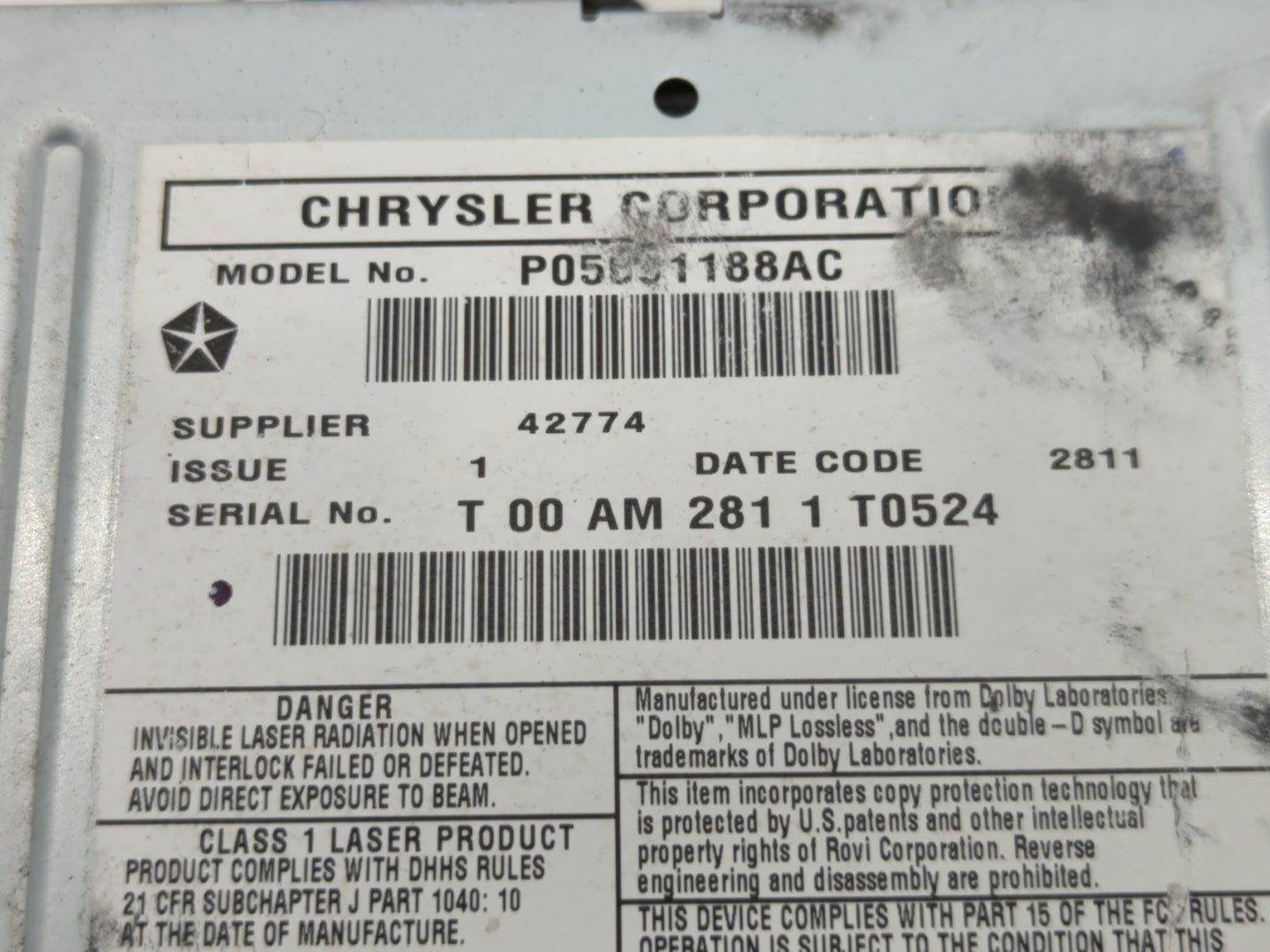 2012 Jeep Grand Cherokee Radio AM FM Cd Player Receiver Replacement P/N:P05091188AC Fits OEM Used Auto Parts - Oemusedautopa