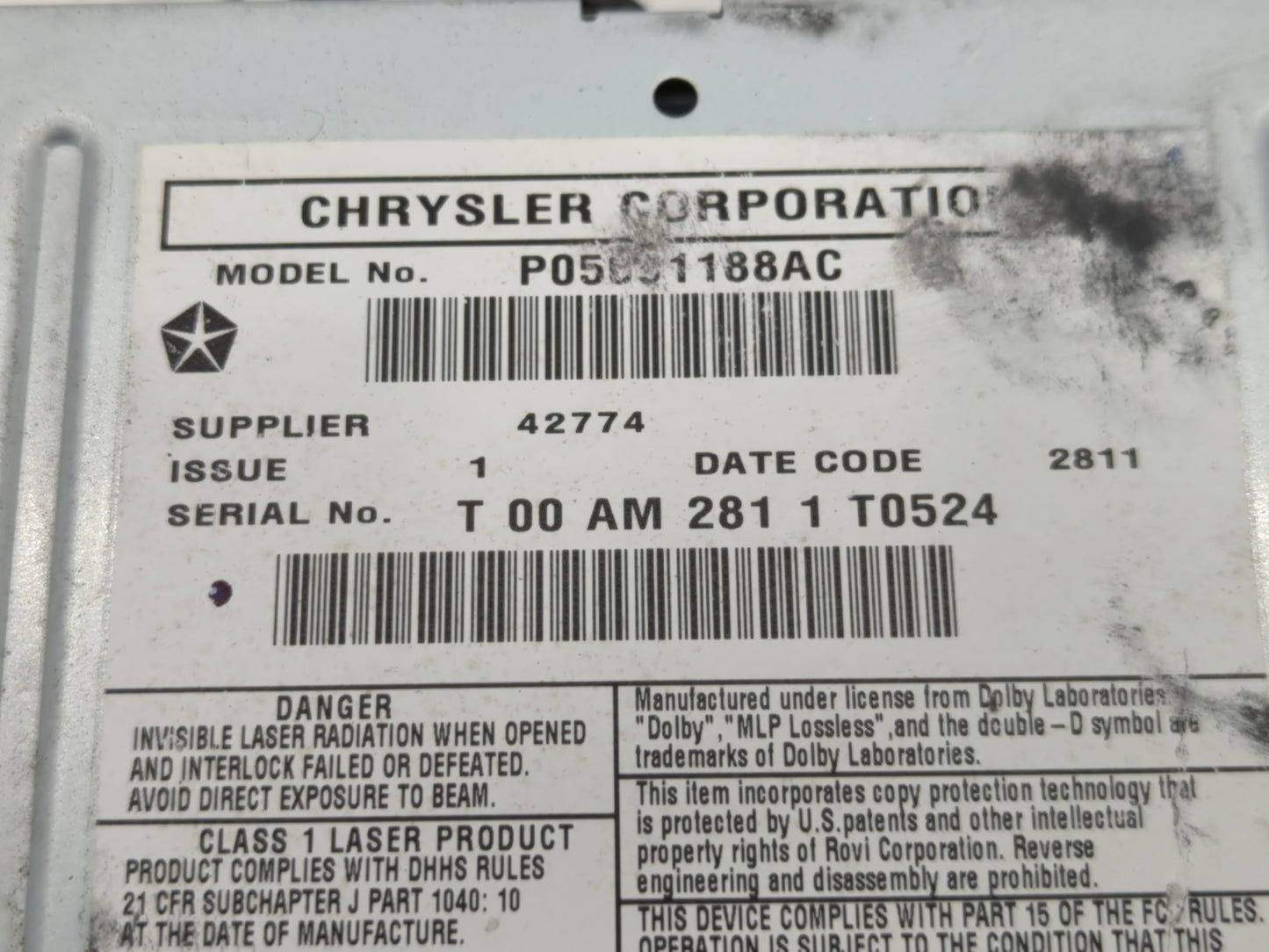 2012 Jeep Grand Cherokee Radio AM FM Cd Player Receiver Replacement P/N:P05091188AC Fits OEM Used Auto Parts - Oemusedautopa