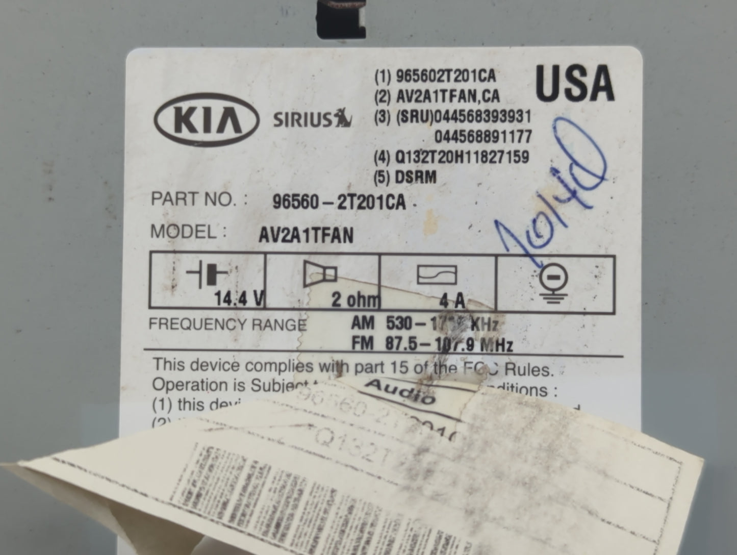 2012 Kia Optima Radio AM FM Cd Player Receiver Replacement P/N:96560-2T201CA Fits OEM Used Auto Parts - Oemusedautoparts1.co