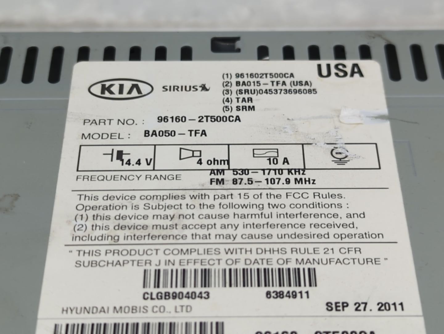 2011-2013 Kia Optima Radio AM FM Cd Player Receiver Replacement P/N:96160-2T500CA Fits Fits 2011 2012 2013 OEM Used Auto Par