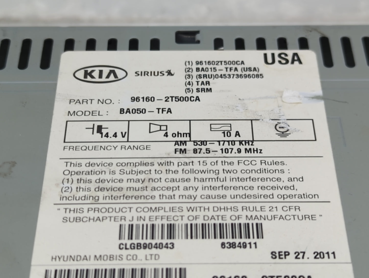 2011-2013 Kia Optima Radio AM FM Cd Player Receiver Replacement P/N:96160-2T500CA Fits Fits 2011 2012 2013 OEM Used Auto Par
