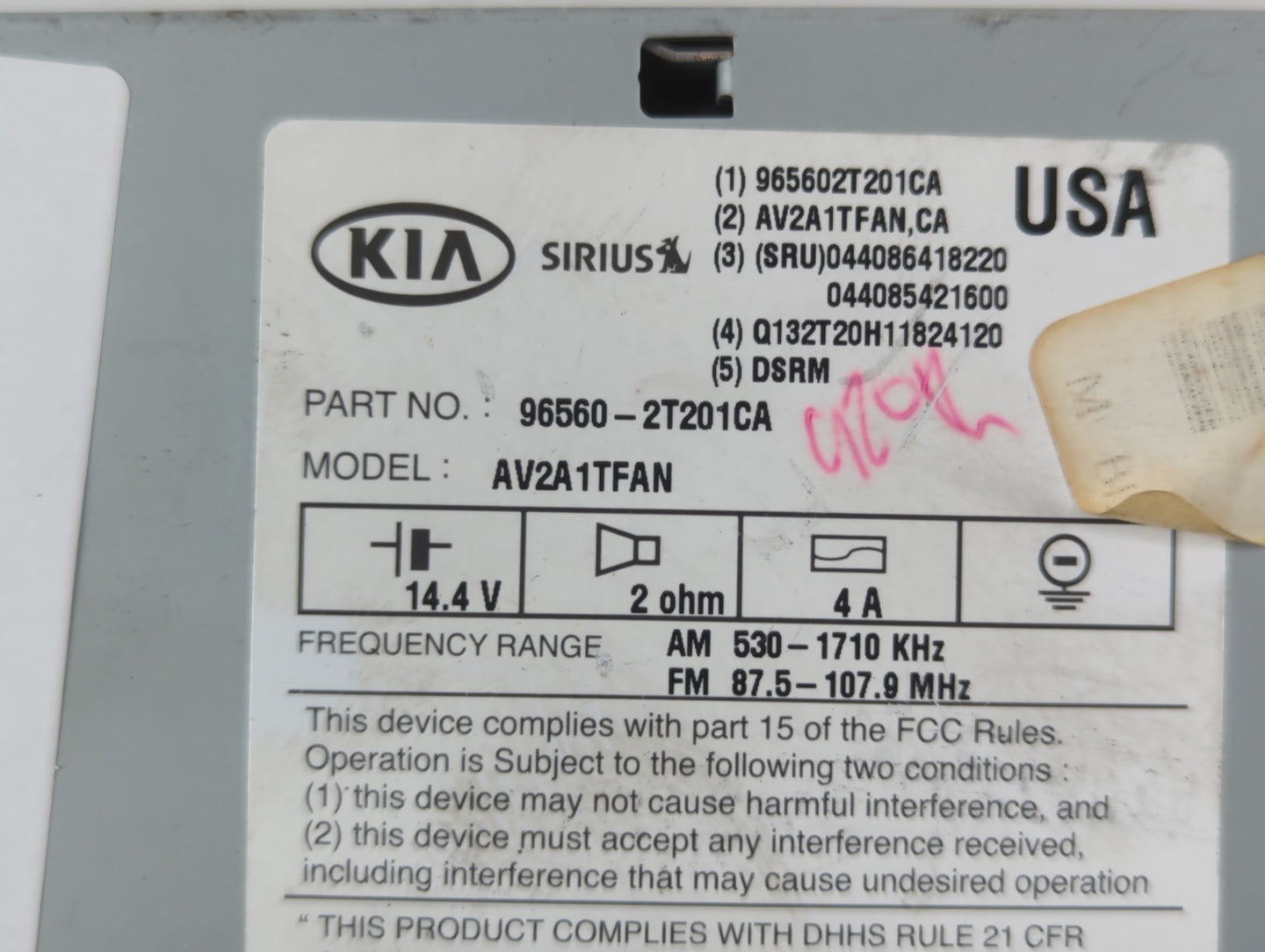 2011-2013 Kia Optima Radio AM FM Cd Player Receiver Replacement P/N:96560-2T202CA Fits Fits 2011 2012 2013 OEM Used Auto Par