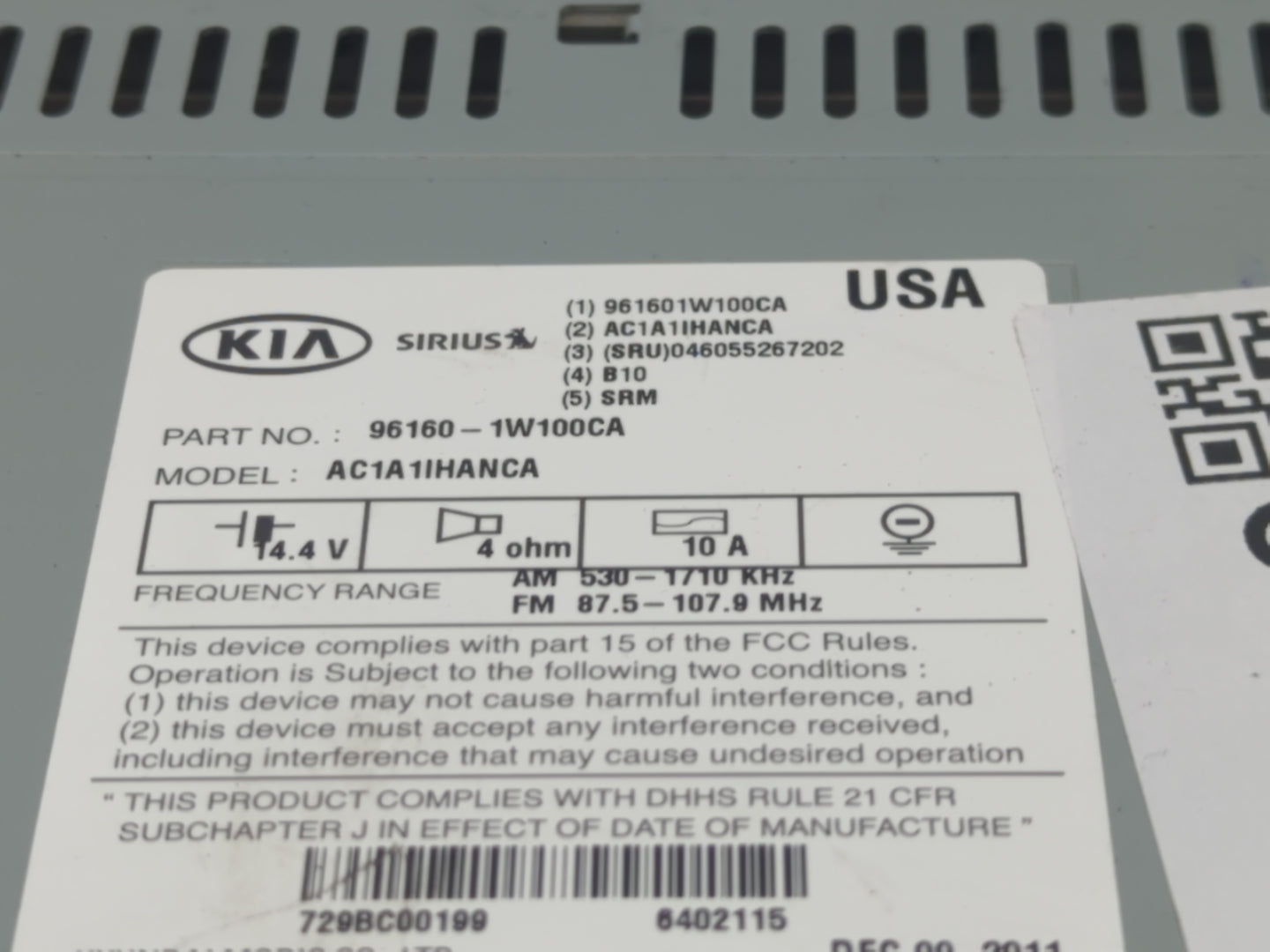 2012-2015 Kia Rio Radio AM FM Cd Player Receiver Replacement P/N:96160-1W100CA Fits Fits 2012 2013 2014 2015 OEM Used Auto P