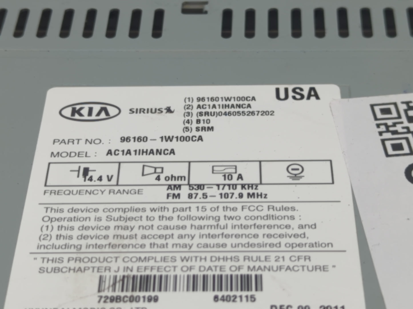 2012-2015 Kia Rio Radio AM FM Cd Player Receiver Replacement P/N:96160-1W100CA Fits Fits 2012 2013 2014 2015 OEM Used Auto P